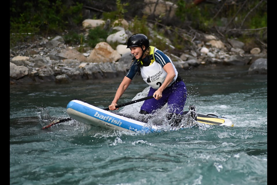 Jackie Stefanuik recovers after almost bailing during the SUP Cross race for KanFest in Kananaskis Country at Canoe Meadows in August 2023. KanFest is a three-day whitewater festival with nine different whitewater competitions. RMO FILE PHOTO