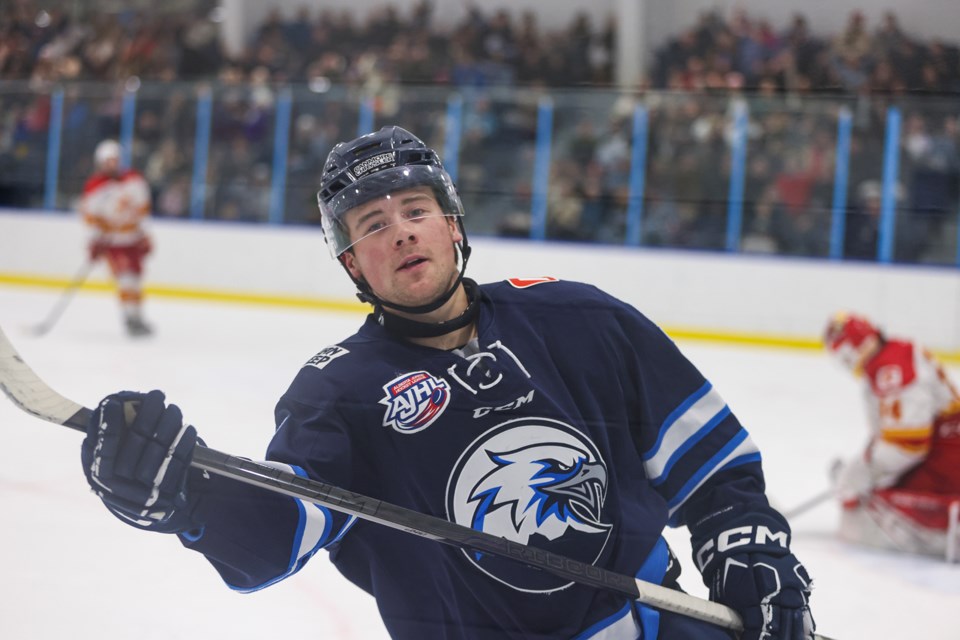 Canmore Eagles forward Rhett Dekowny poses after scoring the equalizer during the regular season final home game against the Calgary Canucks at the Canmore Recreation Centre on Tuesday (Feb. 27). JUNGMIN HAM RMO PHOTO