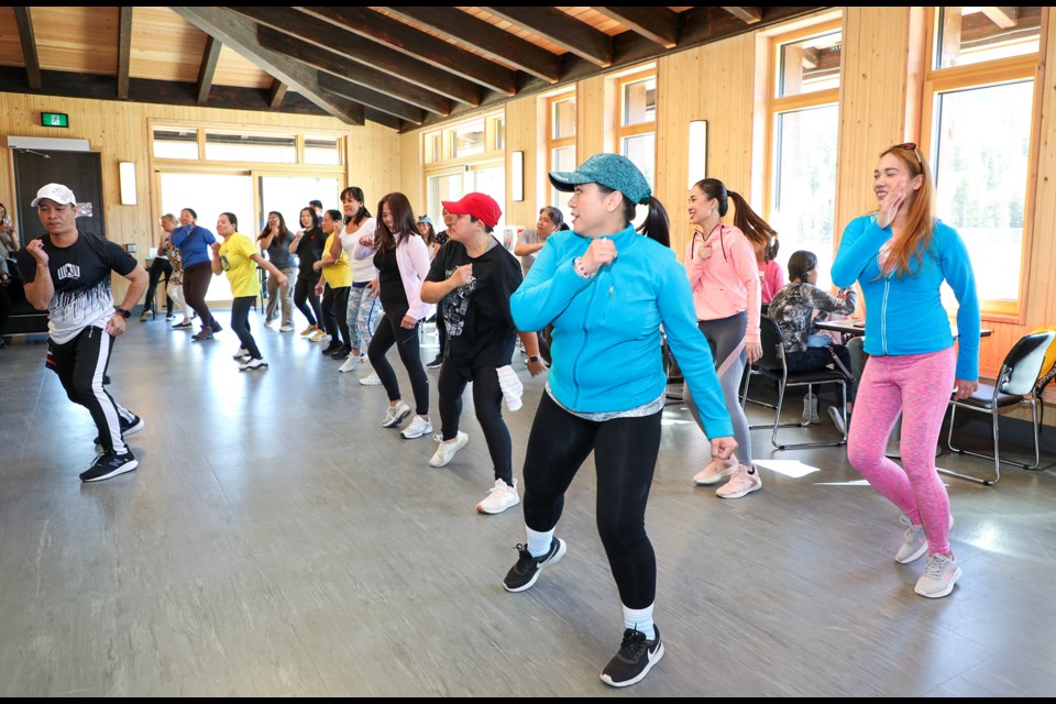 Residents participate in the Zumba dance while connecting about mental health during Banff’s Mental Health and Addiction Week (BMHAW) at the pavilion building at Banff recreation grounds on Thursday (May 9). More than 35 community partners are offering free programs during BMHAW (May 6-10) to encourage residents to take stock of their mental wellness.  JUNGMIN HAM RMO PHOTO 
