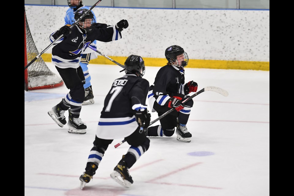 Charlie Dean celebrates a goal at Hockey Alberta's Prospect Cup. PHOTO COURTESY OF ANDY DEVLIN