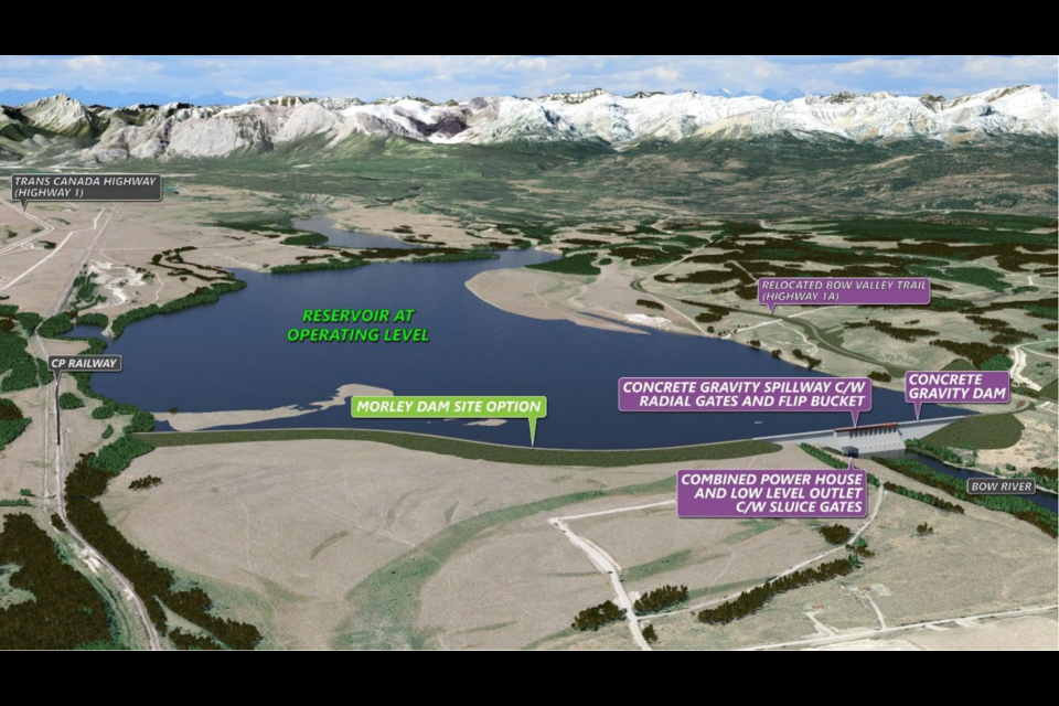 A design rendering of what a dam built upstream of the Mînî Thnî townsite could look like.

ALBERTA ENVIRONMENT AND PROTECTED AREAS SCREENSHOT