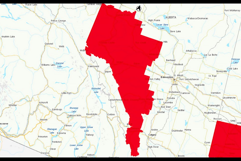 The affected area for the rainfall warning issued by Environment Canada. 