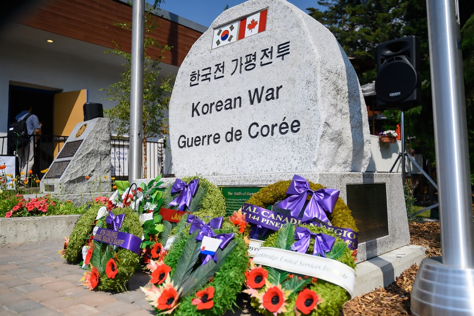 The Banff Legion and the Korean Veterans Advocates unveil a new cenotaph commemorating the Korean War at the Legion on Sunday (July 21). MATTHEW THOMPSON RMO PHOTO