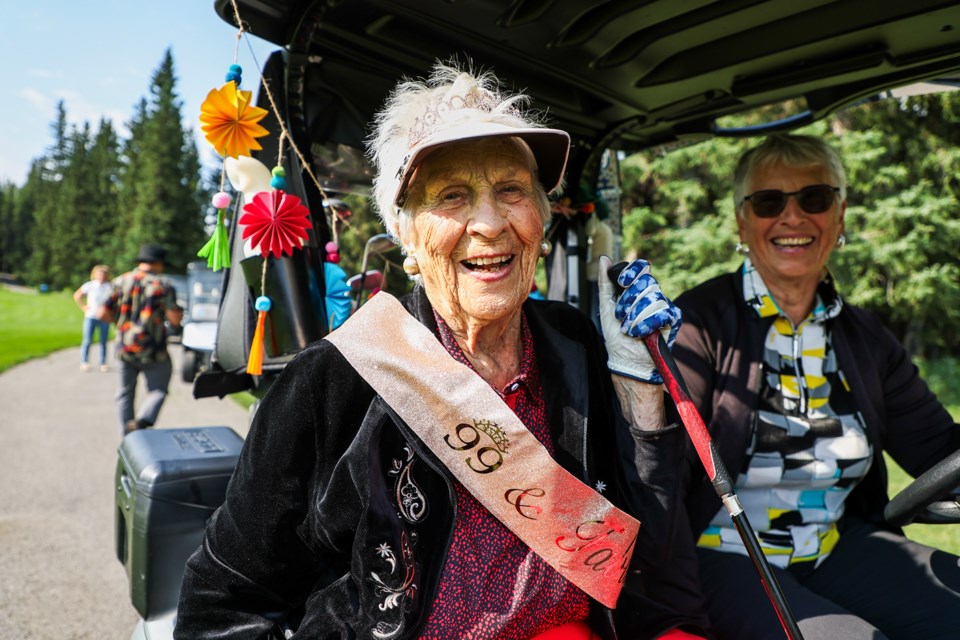 99-year-old Zenith Hrdlicka smiles brightly at the camera with her daughter Angie Craigie at the Kananaskis Country Golf Course on her 99th birthday Tuesday (Aug. 6). JUNGMIN HAM RMO PHOTO