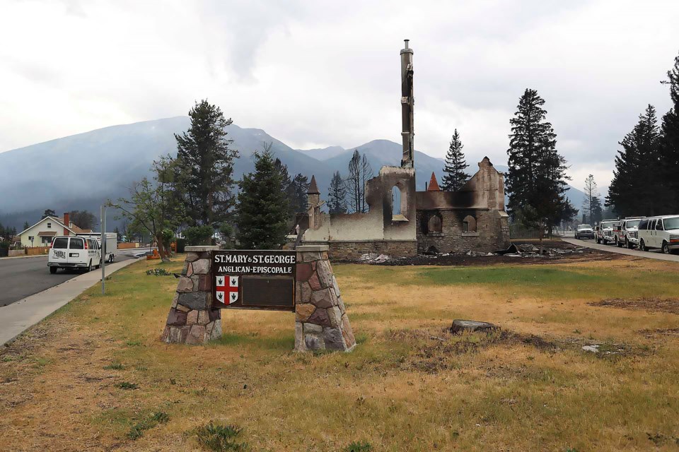 The Jasper Anglican Church in a photo released by Parks Canada on August 1, 2024 of damage caused by wildfire in Jasper. PARKS CANADA PHOTO