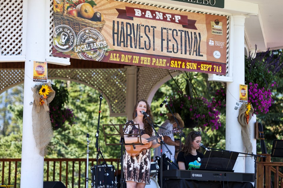 The dynamic duo Buffalo Galz's Heather Jean Jordan, left, and Irene Poole perform on stage for the 2024 Harvest Festival at Central Park in Banff on Saturday (Sept. 7). Harvest Festival showcased the Bow Valley’s talented musicians Saturday and Sunday (Sept. 7-8). JUNGMIN HAM RMO PHOTO