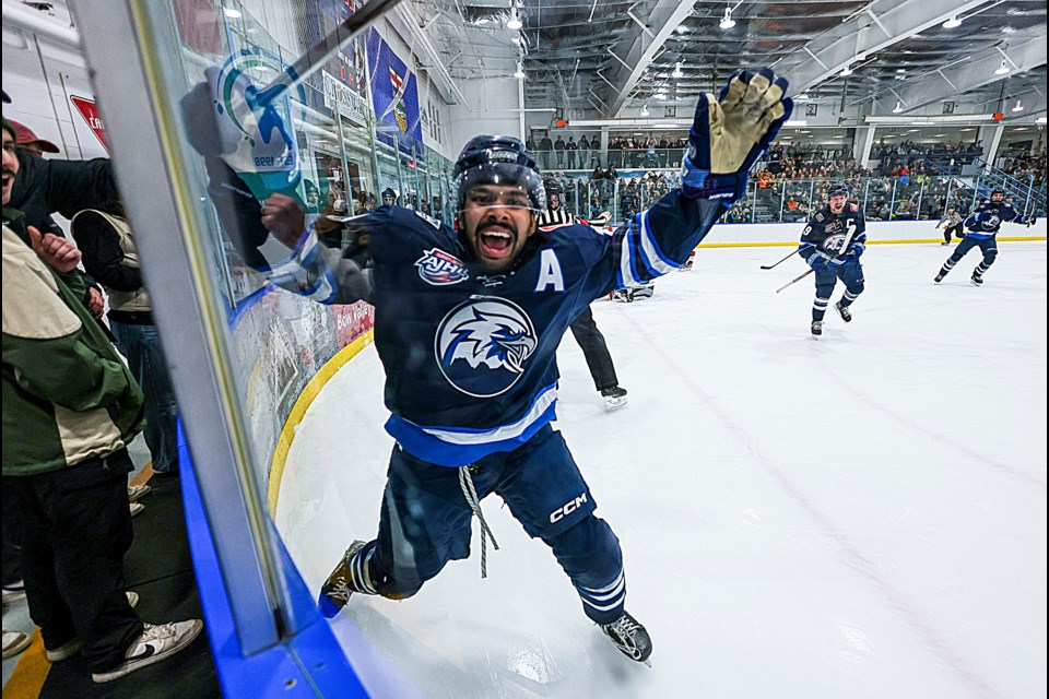 Canmore Eagles forward Kayden Rawji celebrates his first goal against the red-hot Camrose Kodiaks at the Canmore Recreation Centre on Friday (Nov. 22). The Eagles beat the Kodiaks 5-1 to snap their six-game losing streak. JUNGMIN HAM RMO PHOTO