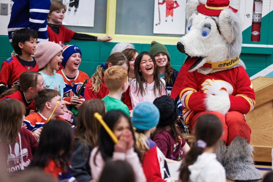 Calgary Flames mascot Harvey the Hound visits Elizabeth Rummel School as part of the Scotiabank Hockey Day in Canada celebrations on Thursday (Jan. 16). JUNGMIN HAM RMO PHOTO