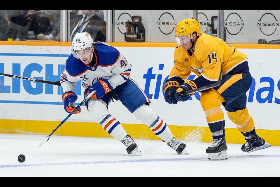 Edmonton Oilers forward Noah Philp makes his NHL debut on Oct. 31, 2024 against the Predators in Nashville. EDMONTON OILERS PHOTO