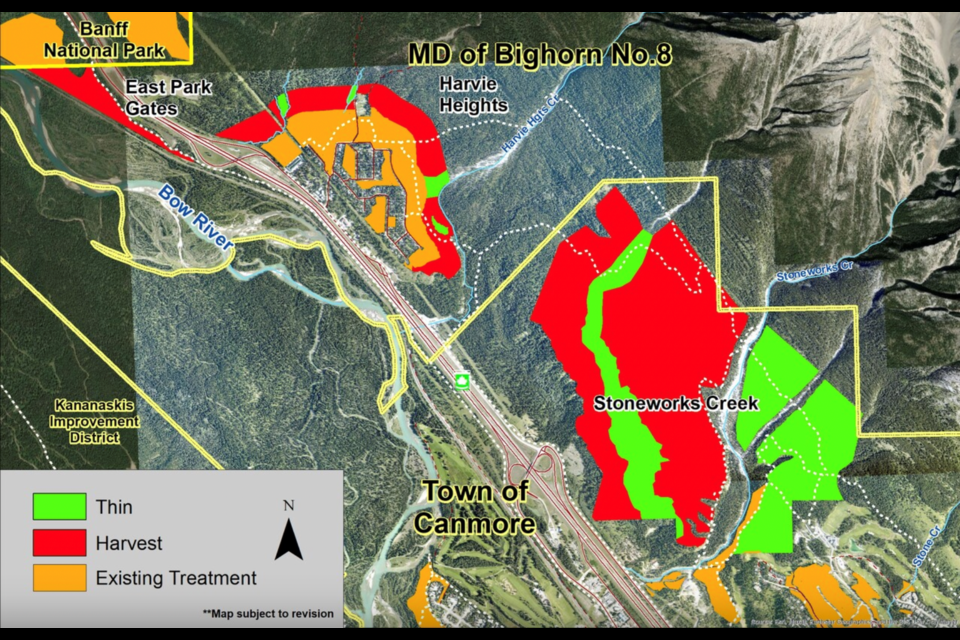 The draft 2024-25 fireguard construction map for a fireguard near the east gates of Banff National Park, Harvie Heights, and Stoneworks Creek. HANDOUT