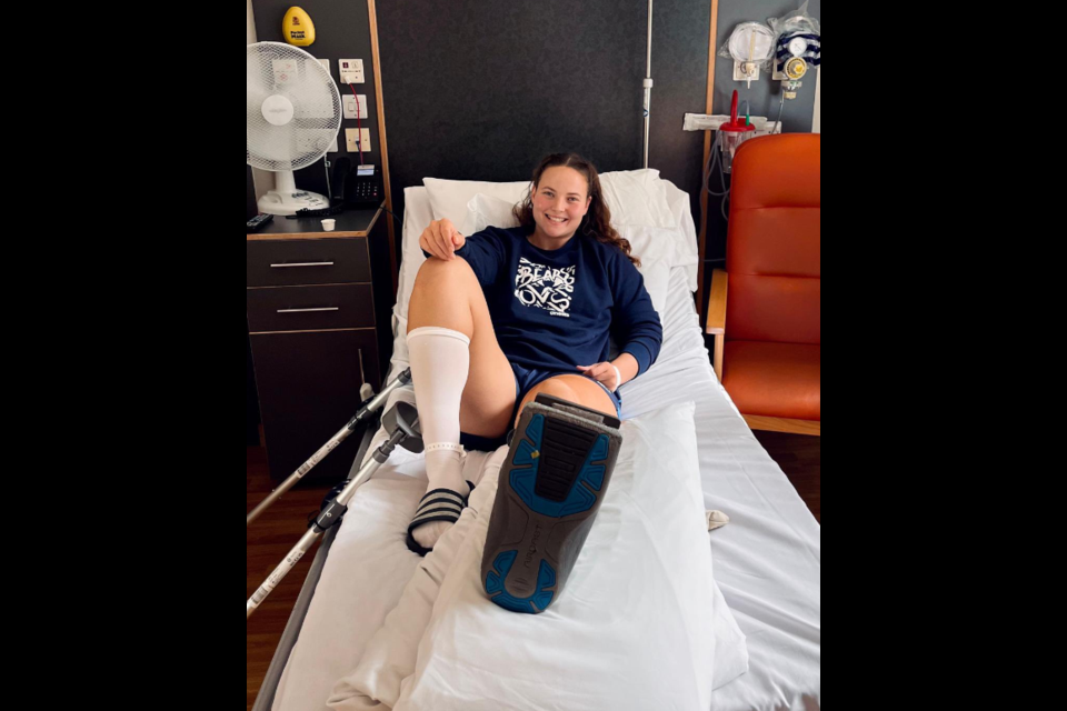 Holly Phillips rests with her leg up after ankle reconstruction surgery. SUBMITTED PHOTO