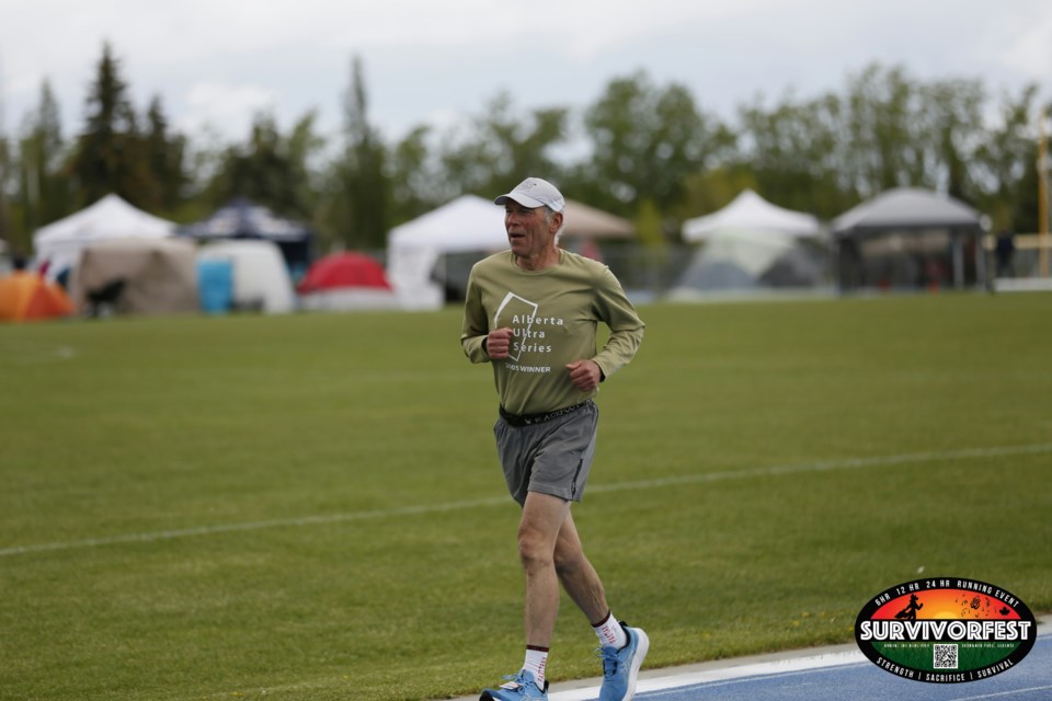 Exshaw's Wayne Gaudet runs the track in the 2024 Survivorfest 24-hour race. He did 202km. ANH NGUYEN PHOTO