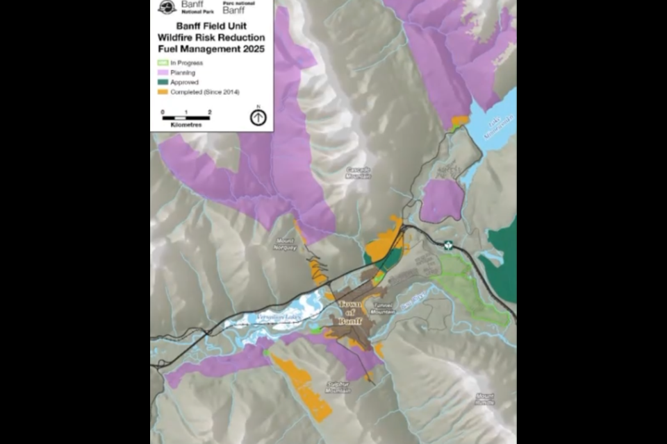 Banff's completed, planned and underway wildfire risk reduction projects. PARKS CANADA