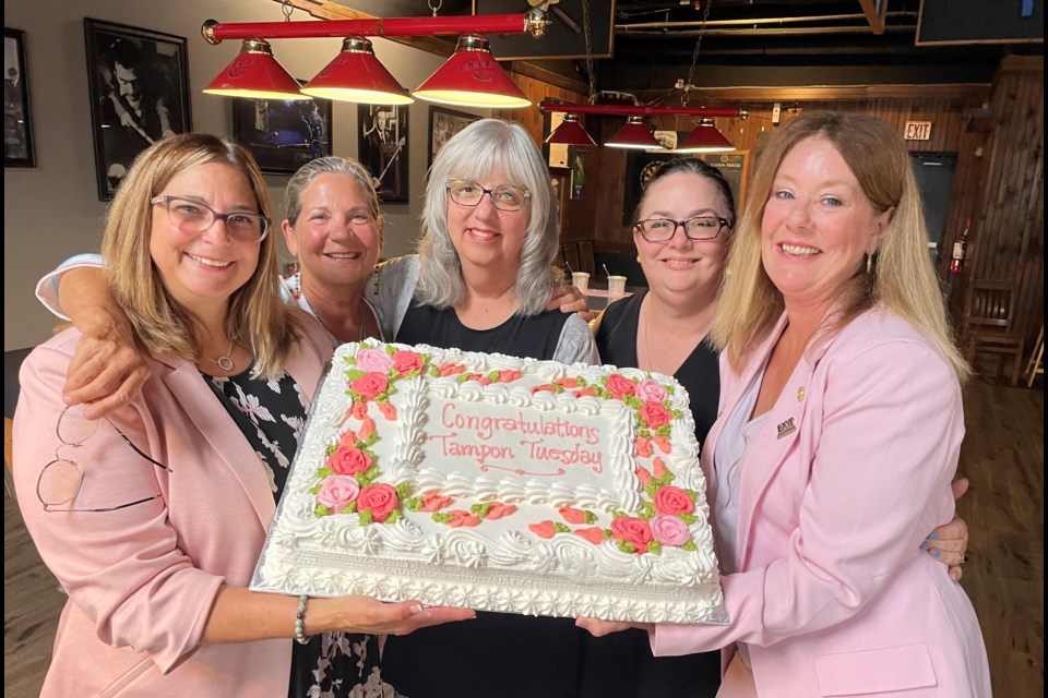 The five core members of the Tampon Tuesday team celebrated the group’s fifth anniversary. From left: Shannon Rody, Georgette Parsons, Adelle Richards, Cathy Millsap and Michelle Parks.   