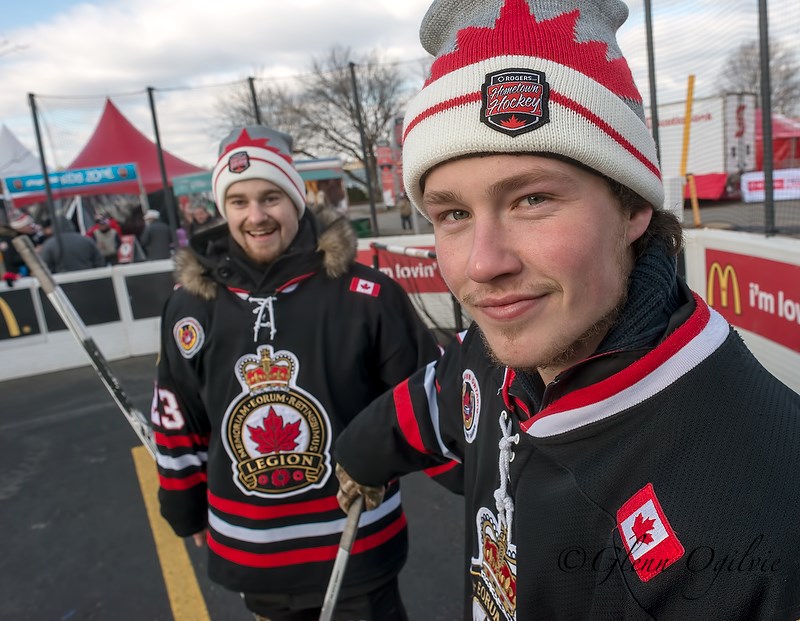 Konnor Roskovich, left and Brad Yowart, of the Sarnia Legionnaires, play a little road hockey at the Rogers Hometown Hockey Tour in downtown Sarnia. 