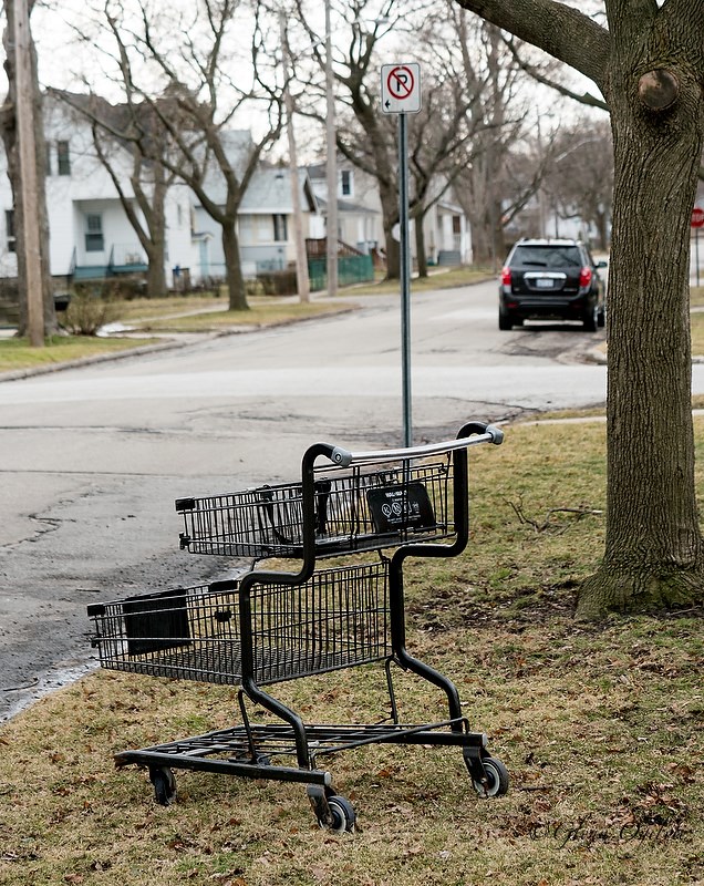 A shopping cart is left abandoned on Mackenzie Street and Cobden Street