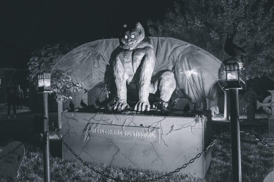 Gargoyle in front of 527 Durham Drive in Sarnia (2024, Laura Lynn McLean). 