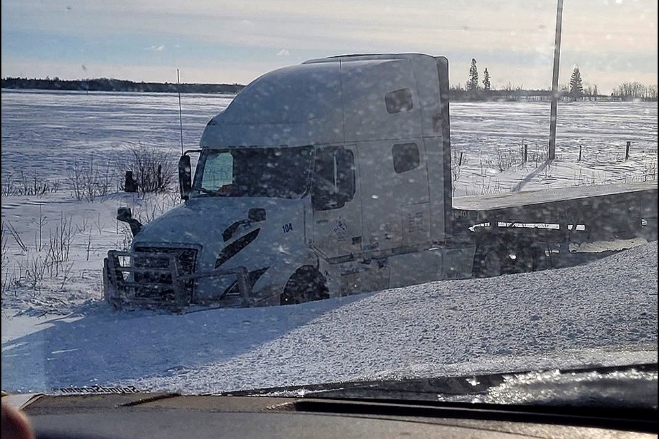 Little visibility on the south side of Barrier River to Mckague corner on Highway 35. A semi-truck hit the ditch.