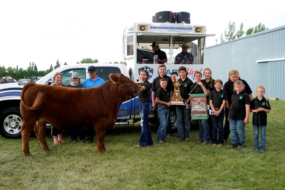 Brenna Fornwald, who raised the 2023 grand champion steer, pictured here with buyers, Greening Trucking, and other members of the Steelman 4-H Beef Club.                   