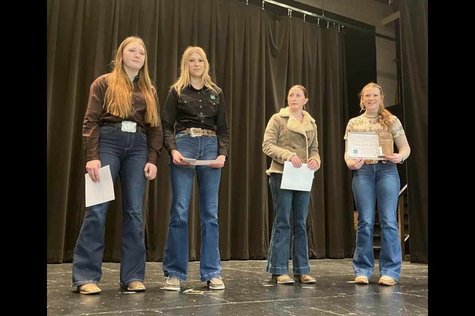 Paisley Wolkowski of Canora (right), a member of the Good Spirit 4-H Beef Club, finished first in the intermediate class when The Rusty Spurs 4-H Light Horse Club hosted the District 18/19 4-H public speaking event on March 2 at the Sturgis Composite School. With the win, Wolkowski advanced to the Regional 4-H public speaking competition scheduled for Weyburn on March 15.