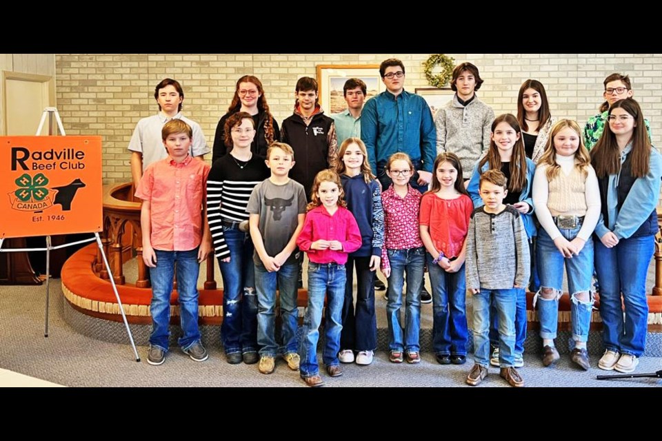 The Radville 4-H Beef Club held their public speaking competition recently. In the back row from left are Rylan Fladeland, Kaitlyn Stepp, Korbyn Peterson, Dawson Fladeland, Jory LaBatte, Zayne LaBatte, Madisyn Frischholz and Ryder Stepp. In front are Brayden Fladeland, Mya Doud, Caleb Doud, Claire Muxlow, Presley Woitas, Eva Muxlow, Khloe Frischholz, Linden Doud, Sarah Frischholz, Kassi Woitas and Emilee Frischholz.
