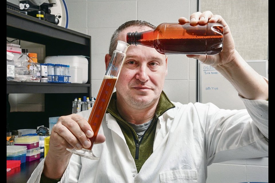 Chris Eskiw, an associate professor in the University of Saskatchewan’s Department of Food and Bioproduct Science, pours beer into a graduated cylinder as part of his research into yeast and beer flavours