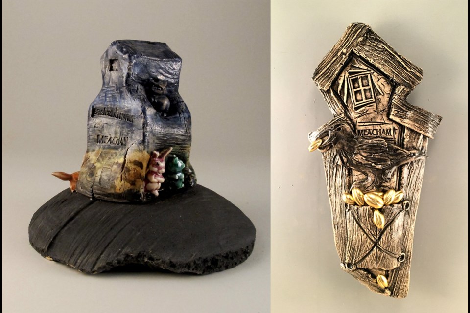 The exhibit is a meditation in clay on what the artists experienced after the destruction of the grain elevator that once stood over their home village of Meacham. 