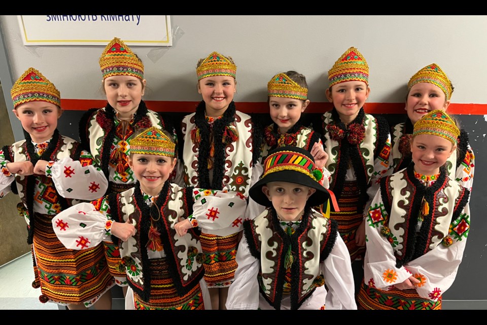 The Junior 2 group of the Canora Veselka Ukrainian Dancers won a pair of silver medals at the Tavria Festival in Regina on March 10-13. From left, were: (back row) Kaydence Goulet, Yana Shymanska, Isabelle Fullawka, Cadence Dutchak, Olivia Owchar and Isabelle Kondratoff; and (front) Layla Keyowski, Jacob Prychak and Riley Roberts.