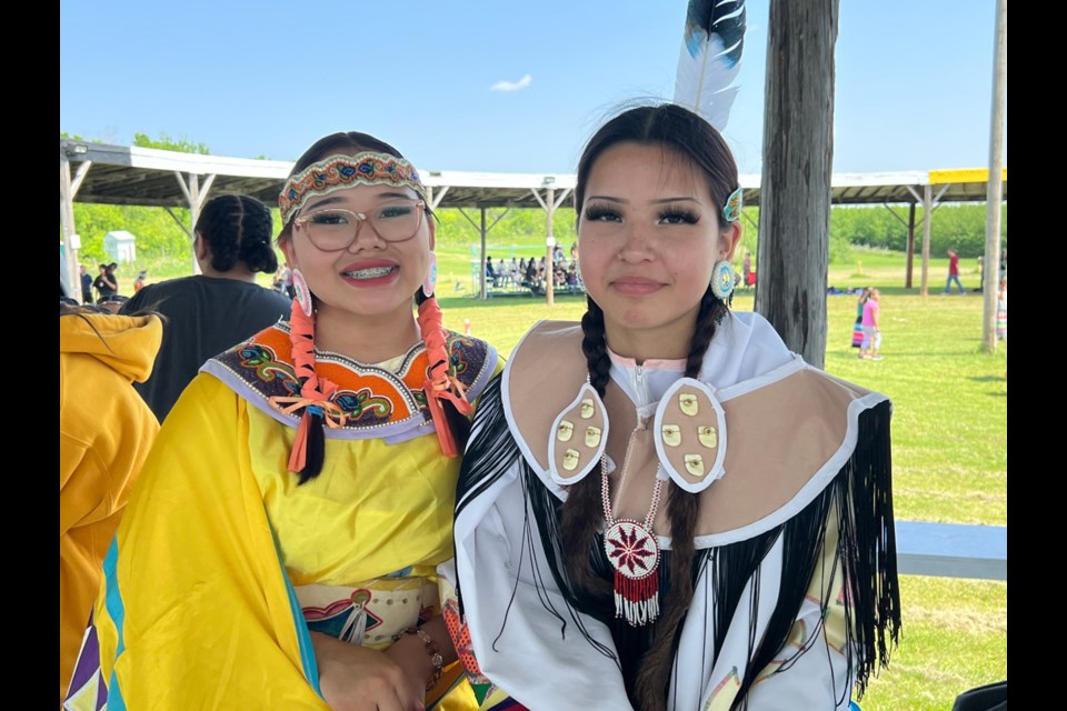 From left, Autumn Bigstone and Cheyenne Yuzicappi placed third in of the dances at the White Bear First Nations Youth Powwow. 
