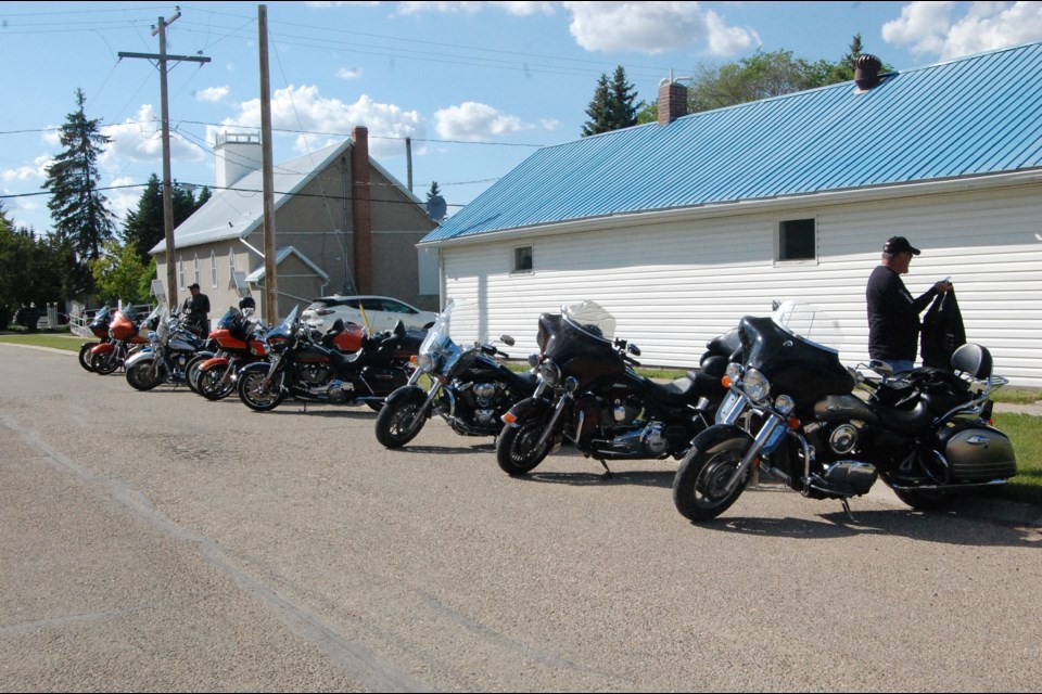 Riders backed in and lined up along the Neilburg Legion Branch #135 to enjoy supper, music and visiting.