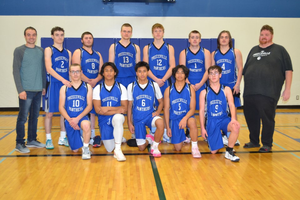 Members of the Preeceville School senior boys basketball team, from left, are: (back row) Jay Steppan (coach), Blake Descalchuk, Hunter Nelson, Porter George, Luke Sandager, Alex Neilson, Justice Stittle and Jeremy Mattison (coach) and, (front) Brody Descalchuk, Ralph Grasparil, Dhexy Paligan, Jian Isican and Kaiden Bourassa.