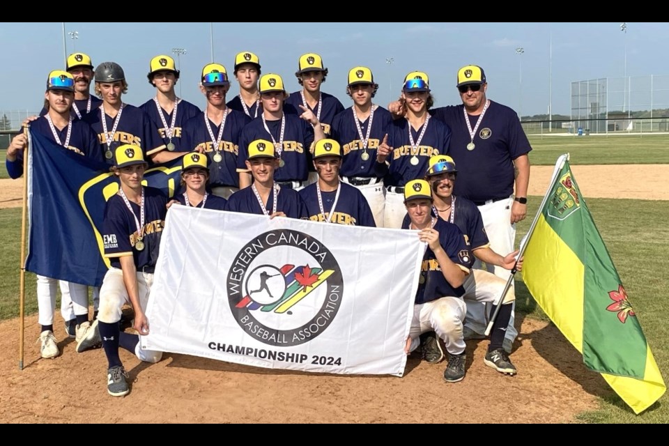 Members of the Estevan U18 AA Brewers are, back row, from left, Axton Martin, head coach Nick Mayer, Jaxon Kuchinka, Kristopher Phillips, Tayson Dietze, Blake Andrist, Sutter Baily, Lincoln Spencer, Hudson Ford, Caleb Hoiseth and assistant coach Jeff Kuchinka. Front row, Jacob Mayer, Reese Copeland, Jayden Kuchinka, Hayden Terrett, Mathias Fornwald and Ryker Wall. 