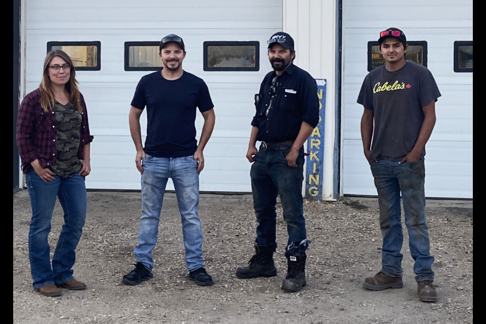 The new owners of the 8 & 49 Gas Station, from right, are: Tyson Kabatoff of Pelly, Danny Kabatoff of Pelly, Paul Kabatoff of Wroxton, originally from Pelly, and Annie Kabatoff of Wroxton, graduate of the Pelly School. 