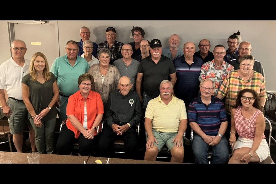 Former SaskPower Poplar River Power Station and mine employees came to Estevan in early September to visit their one of their own, Ben Anderson. Up for a visit were, back row, from left, Garner Mitchell, Doug Marit, Stuart Stone, Ron Powell, Bob Turczyn and Al Klesse. Middle row, Sheila Mitchell, Steve Revering, Morris Kuski, Mel Harkness and Keith Adam. Next row, Ed Plumb, Ang Plumb, Mike Benoit, Ron Matt and Joyce Klesse.  Front row, standing are Doug Seidel and Cathy Seidel, Sharon Adams, Ben Anderson, Jim Achtymichuk, Darcy Wright and Donna Ross.