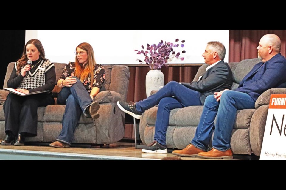 The producers panel for the Weyburn Chamber of Commerce discussed a number of ag issues at Ag Appreciation night on Nov. 5. From left are Jordan Szczecinski, VP of the Chamber; Sarah Leguee, Alex Galarneau and Mark Bratrud.