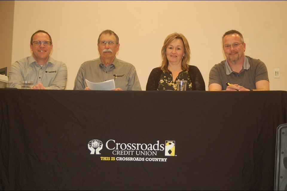 Crossroads Credit Union board and executive members at the annual general meeting held in Sturgis on May 3, from left, were: Jeff Bisschop, Chief Executive Officer; Walter Ostoforoff, Board President; Rhonda Fullawka, Financial, and Chris Balyski, Northern District board member.