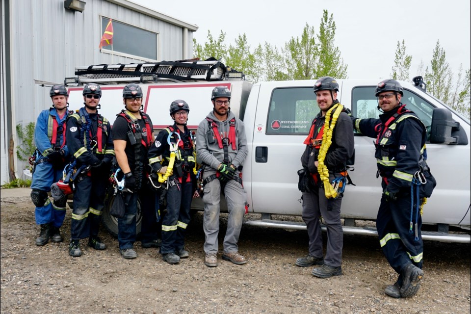 Participating in the Emergency Response Mine Rescue Skills Competition this year will be the Mine Rescue Team at Westmoreland Mining Holdings LLC's Estevan Mine, consisting of, from left, Tanner Weger-Brandow, Tyler Ursu, Derek Choma, captain Jessica Klarholm, Brandon Schopp, Austin Dovell, and John Wells. Missing from the picture are coaches Cory Gibson and Travis Olver, and safety manager Guy Hiltz.                           