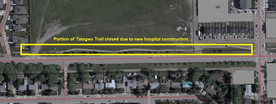 Due to construction of the new Weyburn Hospital, a portion of the Tatagwa Trail between Fifth Street NE and Fieldstone Estates will be closed for public safety until further notice.