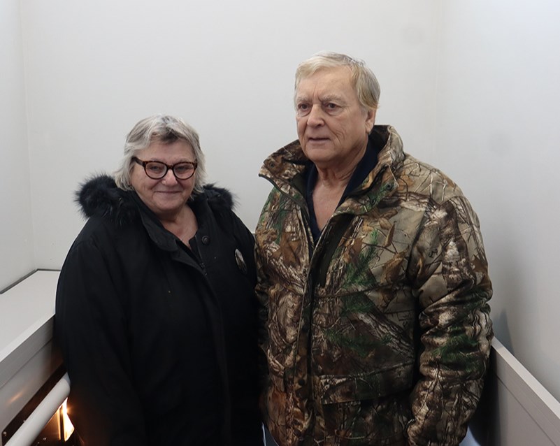 Jim and Linda Kelbaugh are among the many who have been enjoying the convenience of the newly-installed lift at Gateway Community Church in Canora. 