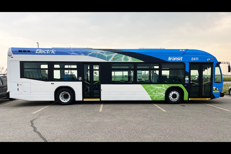 One of the two battery-powered electric buses that will be part of Saskatoon Transit’ s new fleet.