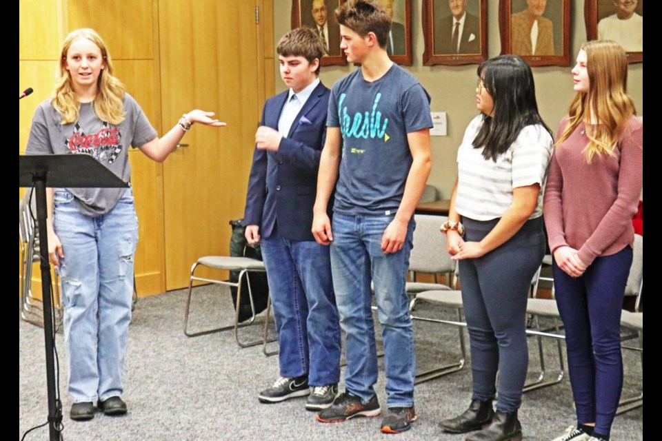 Youth mayor Nikola Erasmus, a Grade 12 student, introduced the members of the youth council to Weyburn city council on Monday evening, where they were appointed. They include, from left, Jackson Stadnek, Gr. 11; Mason Sidloski, secretary, Gr. 12; Yuan Presto, Gr. 11, and Harper Williams, Gr. 10.