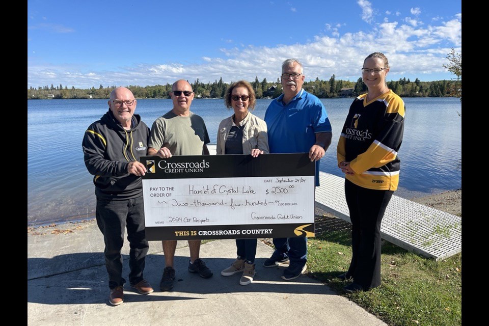 The Hamlet of Crystal Lake received $2,500 towards their project of installing permanent public washrooms at the beach area. From left, were: Marcel Michard, Brad Tkarchuk, Lois Steinke, Ken Wonniczka and Kim Ryczak.