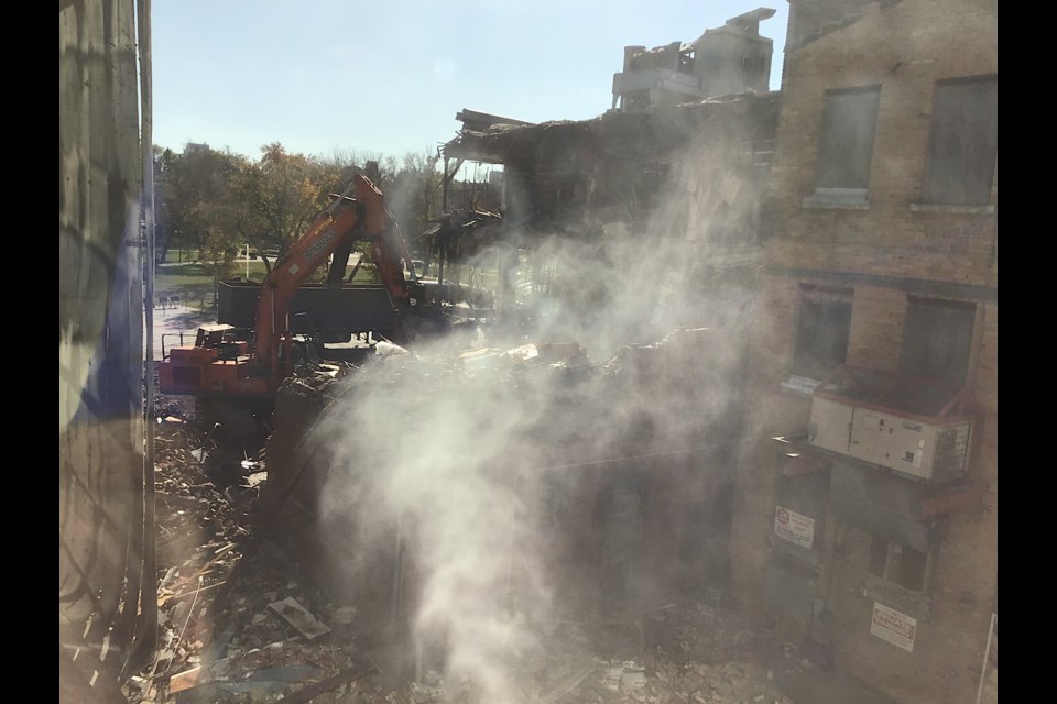 The view from the skywalk above of the deconstruction of Gordon block, Regina, built in 1912.