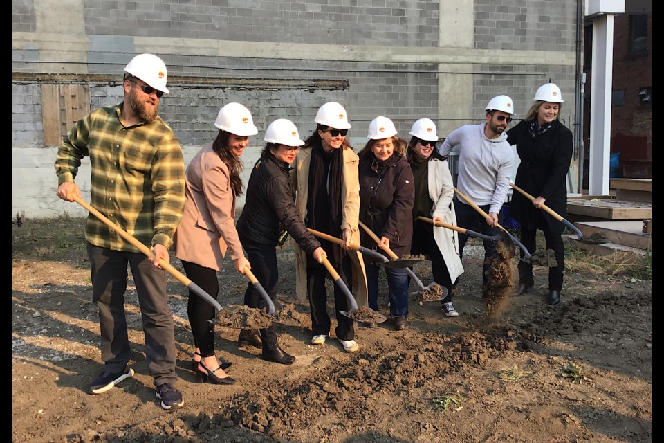 Dignitaries including Mayor Sandra Masters do the sod-turning for The Skuare, the interim use project going up at the former Gordon Block building site.