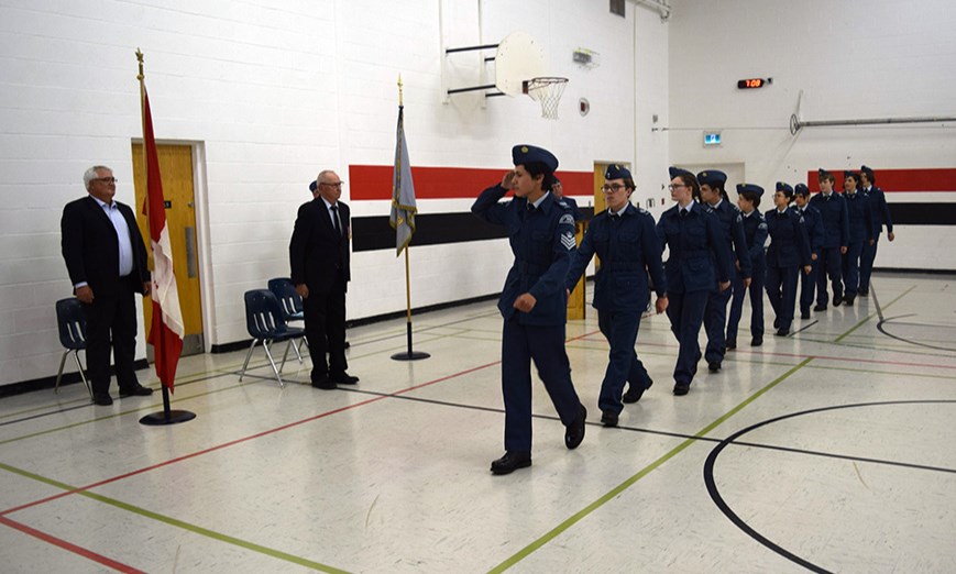 Led by WO1 Aaron Chassé, Cadet Parade Commander, the Canora Air Cadets marched past the reviewing stand occupied by Richard Petrowski of the Air Cadet League of Saskatchewan (left) and Captain Bernie Wlock, reviewing officer, during the Annual Ceremonial Review on May 31. 