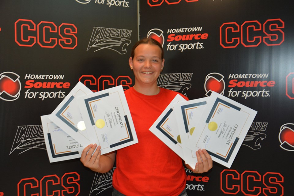 Zoe Thomas definitely had her hands full after the CCS Awards Night on June 7. Thomas was the MVP in senior girls basketball and volleyball, the senior female athlete of the year, took Grade 12 academic first place, and won Level 30 class awards for Chemistry 30, Biology 30, Physics 30, English 30B, Pre-Calculus 30 and Calculus 30.