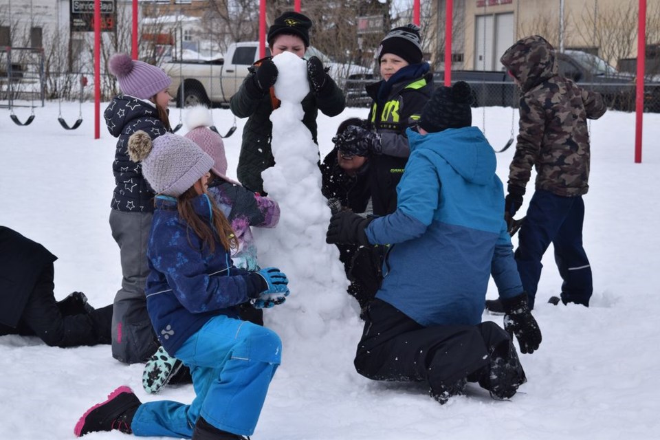 Students and staff at Canora Junior Elementary School took advantage of the warming late winter weather to hold their Spring Carnival on March 18. Team Wolverines followed the snow sculpture competition directions from the teachers and built their sculpture as high as they could, but it looked like they might need to do some more work on the stability of the structure.