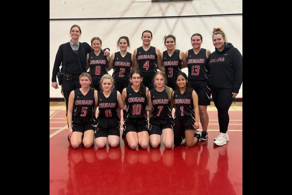 The CCS senior girls basketball team hosted a four-team tournament on Feb. 11, with the Cougars finishing second. Team members, from left, were: Baily Potts (assistant coach), Callie Sznerch, Cairwyn Bailey, Zoe Thomas, Robin Skurat, Kailey Sleeva, and Olivia Gordon (coach); and (front) Sofia Tratch, Jordan Harper, Falyn Ostafie, Shayna Leson, and Methyl Trask.