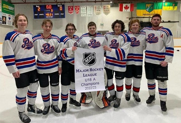 Bolstered by a number of Canora players, the U18 Preeceville Pats capped their memorable hockey season by winning the Major Hockey League banner with a victory in the final series over archrival Indian Head. Members of the Pats from Canora Composite School, from left, were: Briel Beblow, Bronson Heshka, Hunter Lamb, Cody Vangen, Wyatt Wolkowski, Porter Wolkowski and Tomas Hauber.