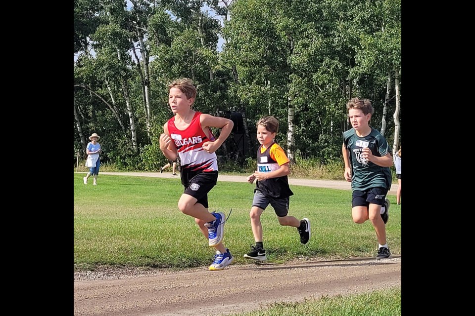 Drew Kitchen of the Canora Composite School Cougars pulled ahead of this group of runners, eventually placing sixth in a field of 39 in the U12 boys class at the Yorkton Deer Park Golf Course cross-country meet on Sept. 16. 